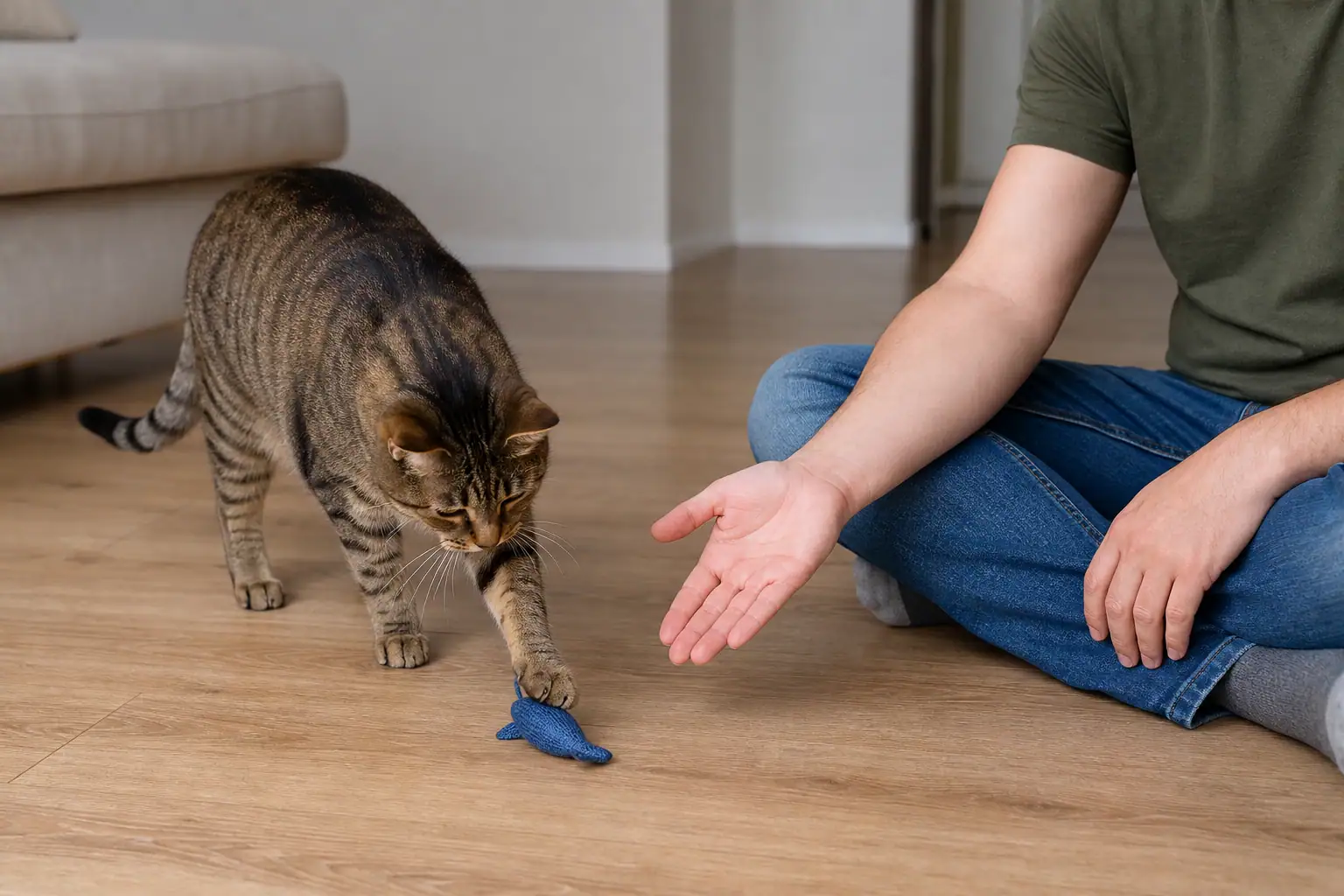 Cat placing a fabric toy near a person to begin another fetch turn