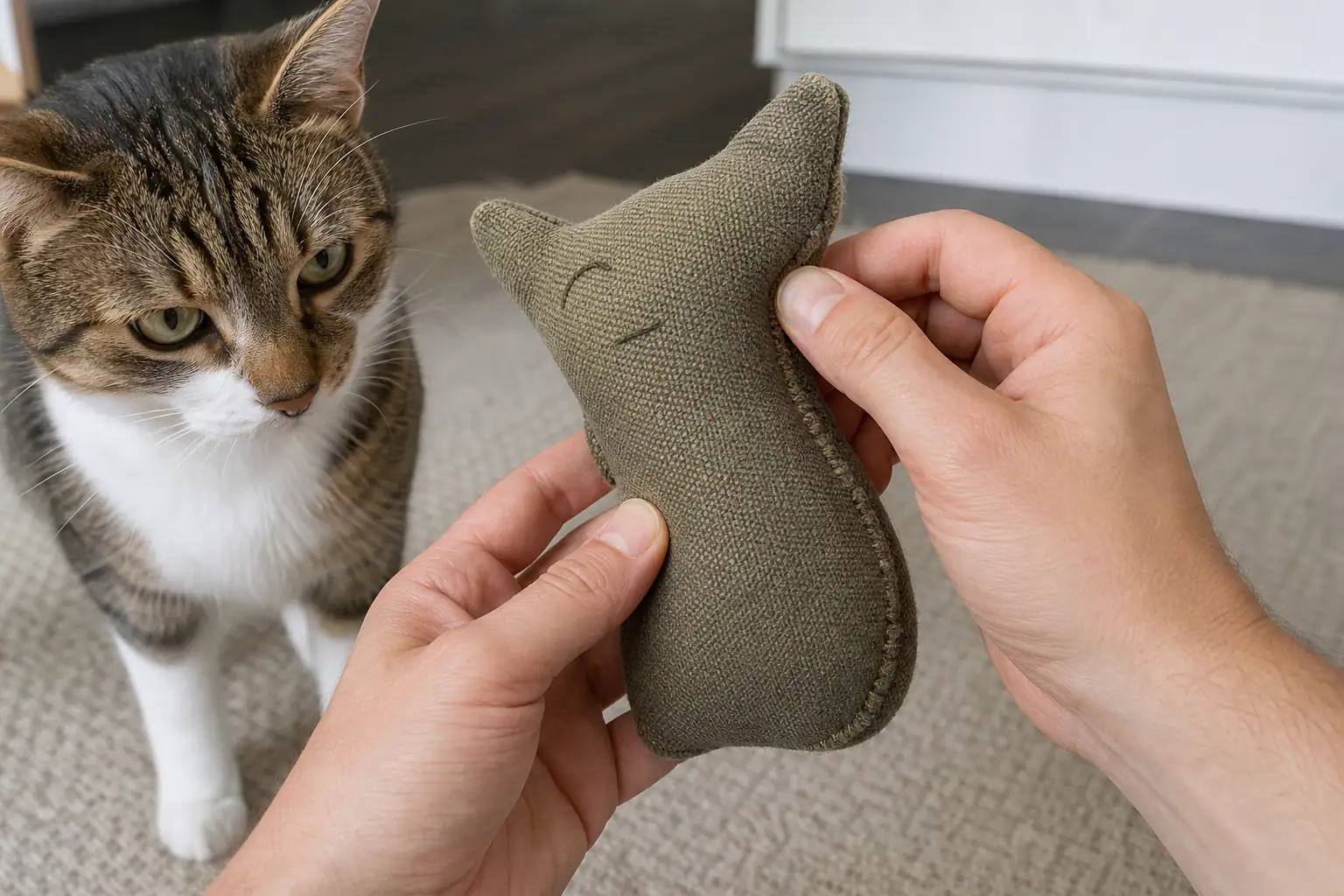 Person inspecting a fabric cat toy for damage before a fetch game