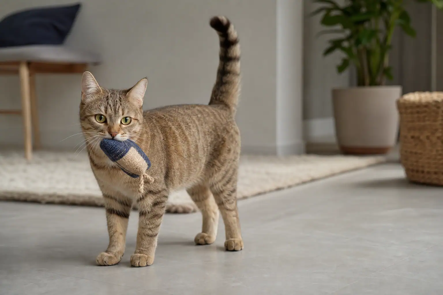Relaxed cat carrying a sturdy fabric toy with its tail upright