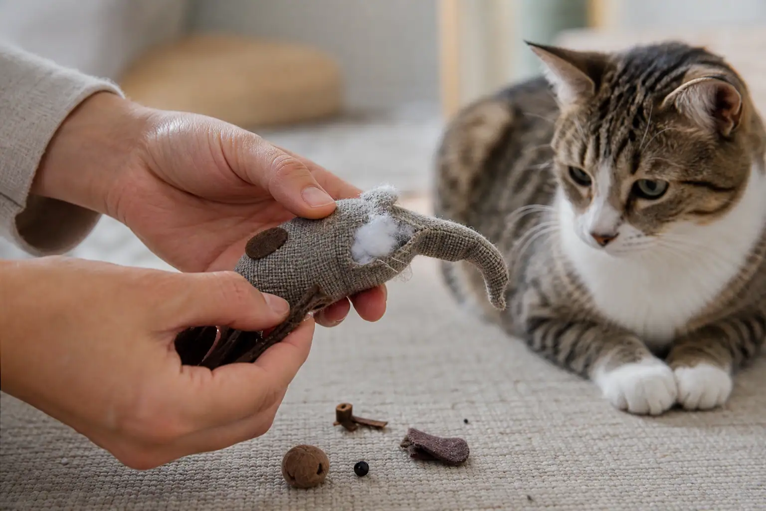 Hands inspecting a carried cat toy for loose seams and damage