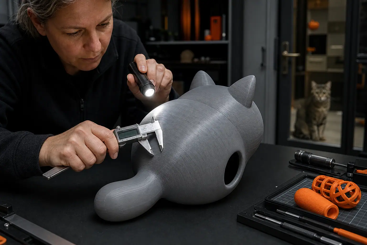Maker checking a rounded 3D printed cat toy with calipers and a bright inspection light