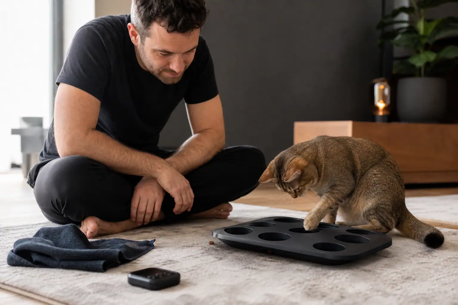 Owner observing a cat during a short first play test with a 3D printed puzzle toy