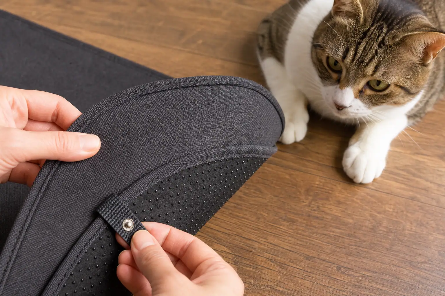 Owner inspecting the bound edge and underside of a fabric cat play mat