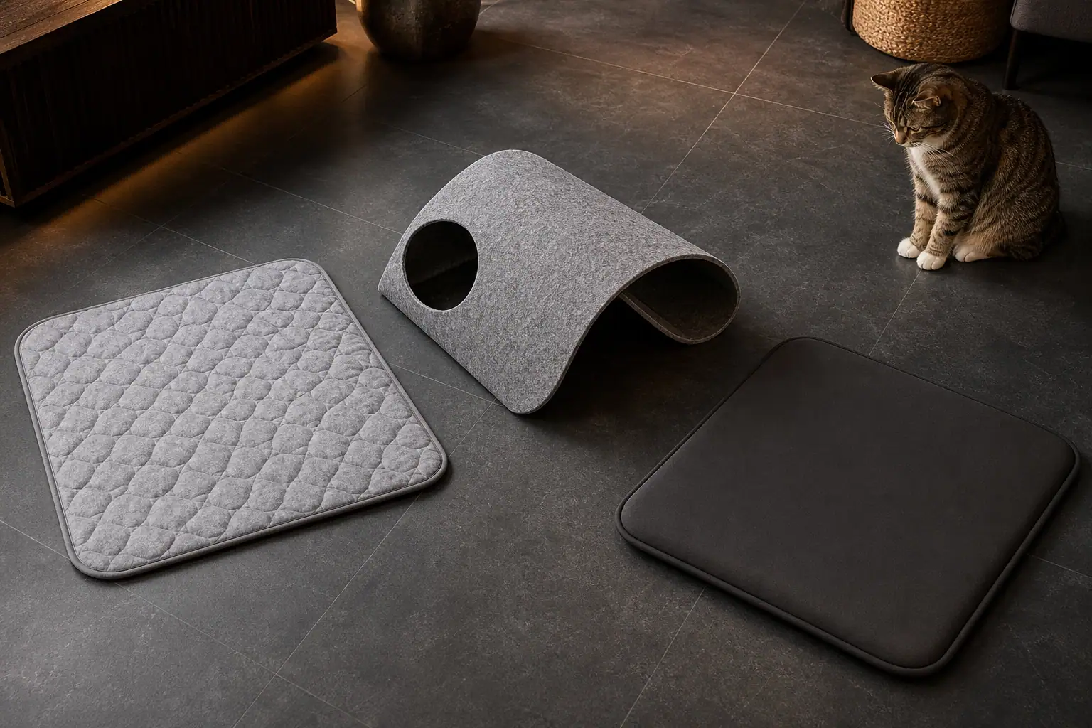 Three simple cat play mat styles arranged for comparison on a clean floor