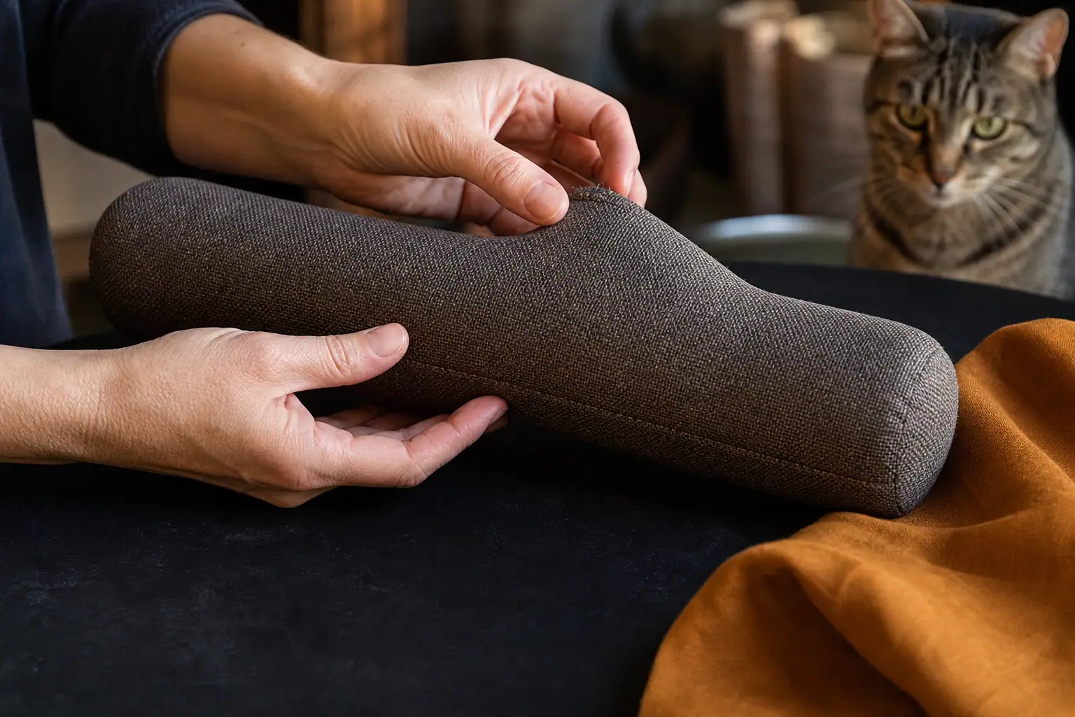 Hands inspecting the seams and surface of a rugged cat kicker toy