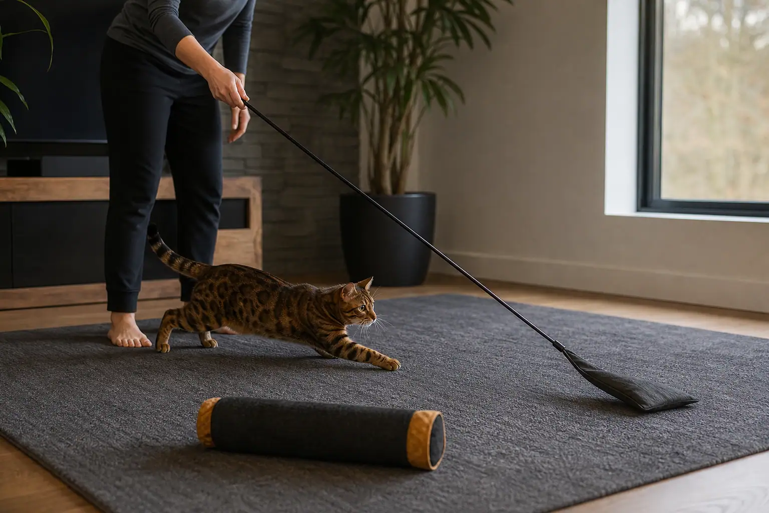 Owner redirecting an energetic cat from ankles to a wand toy
