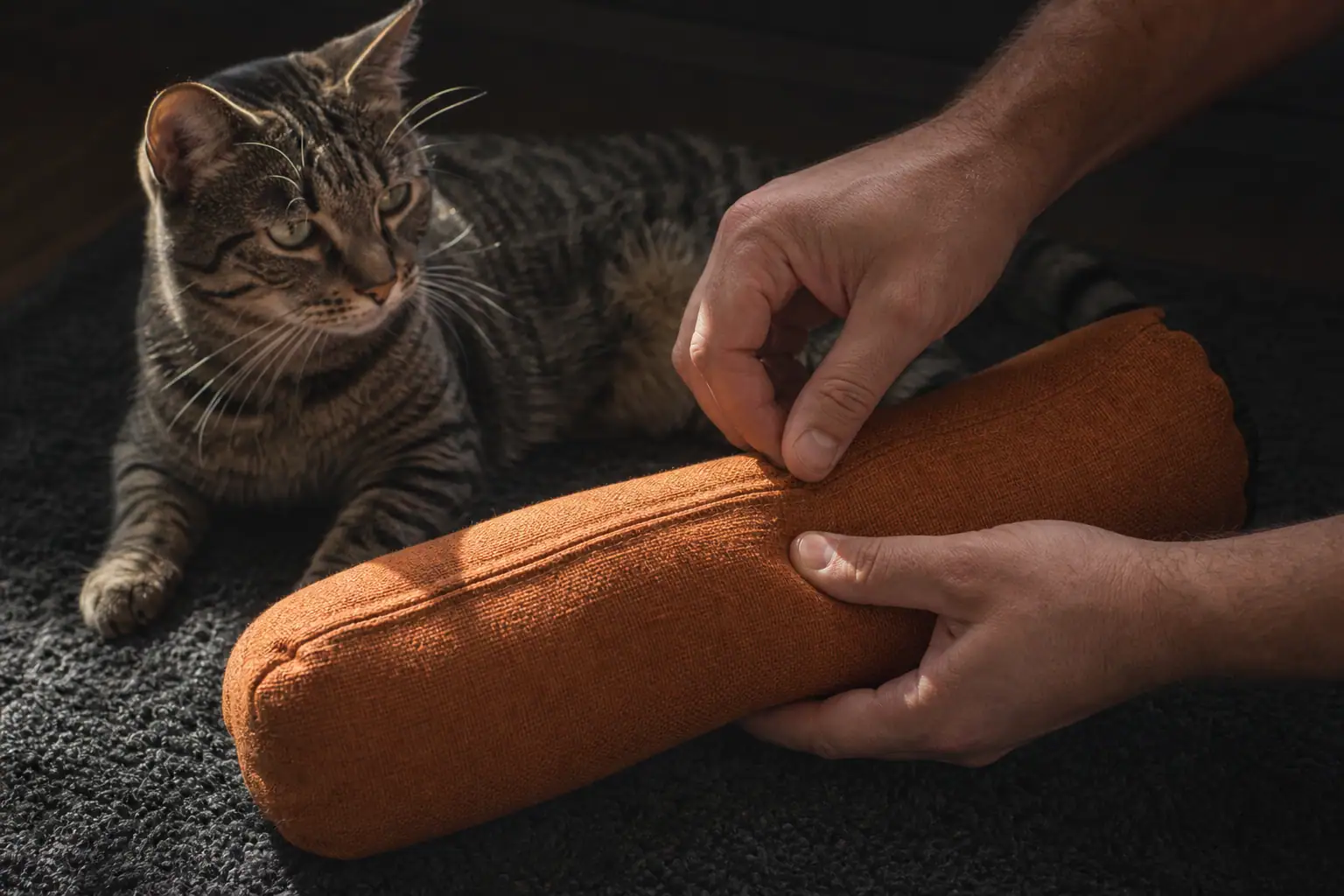 Owner inspecting the seam of a sturdy cat kicker toy after play