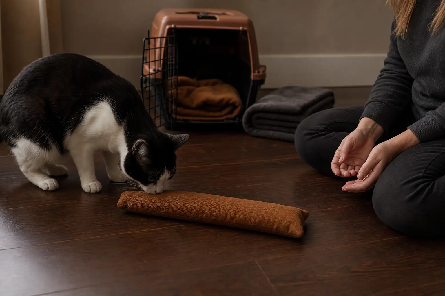 Cat calmly investigating a new fabric toy placed still on the floor