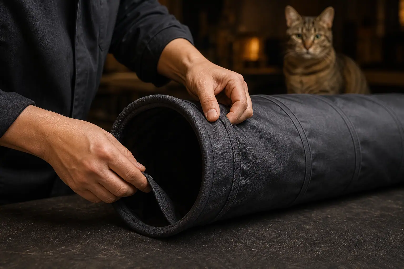 Hands inspecting the covered spring frame and bound entrance of a cat tunnel