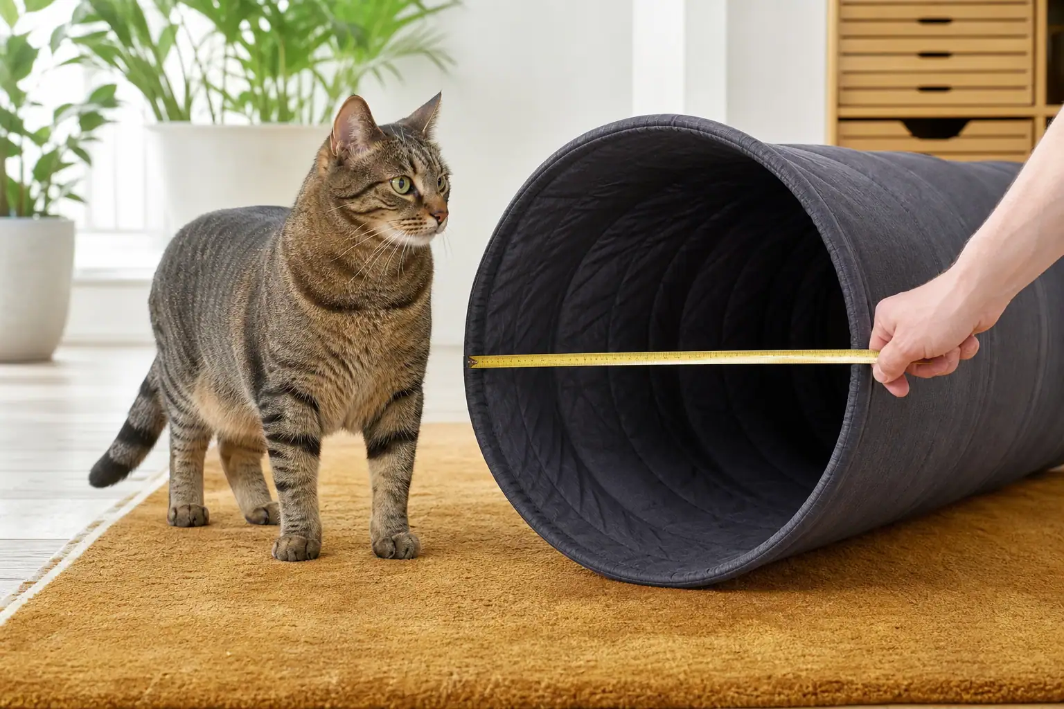 Owner comparing a cat's shoulder clearance with the opening of a wide play tunnel
