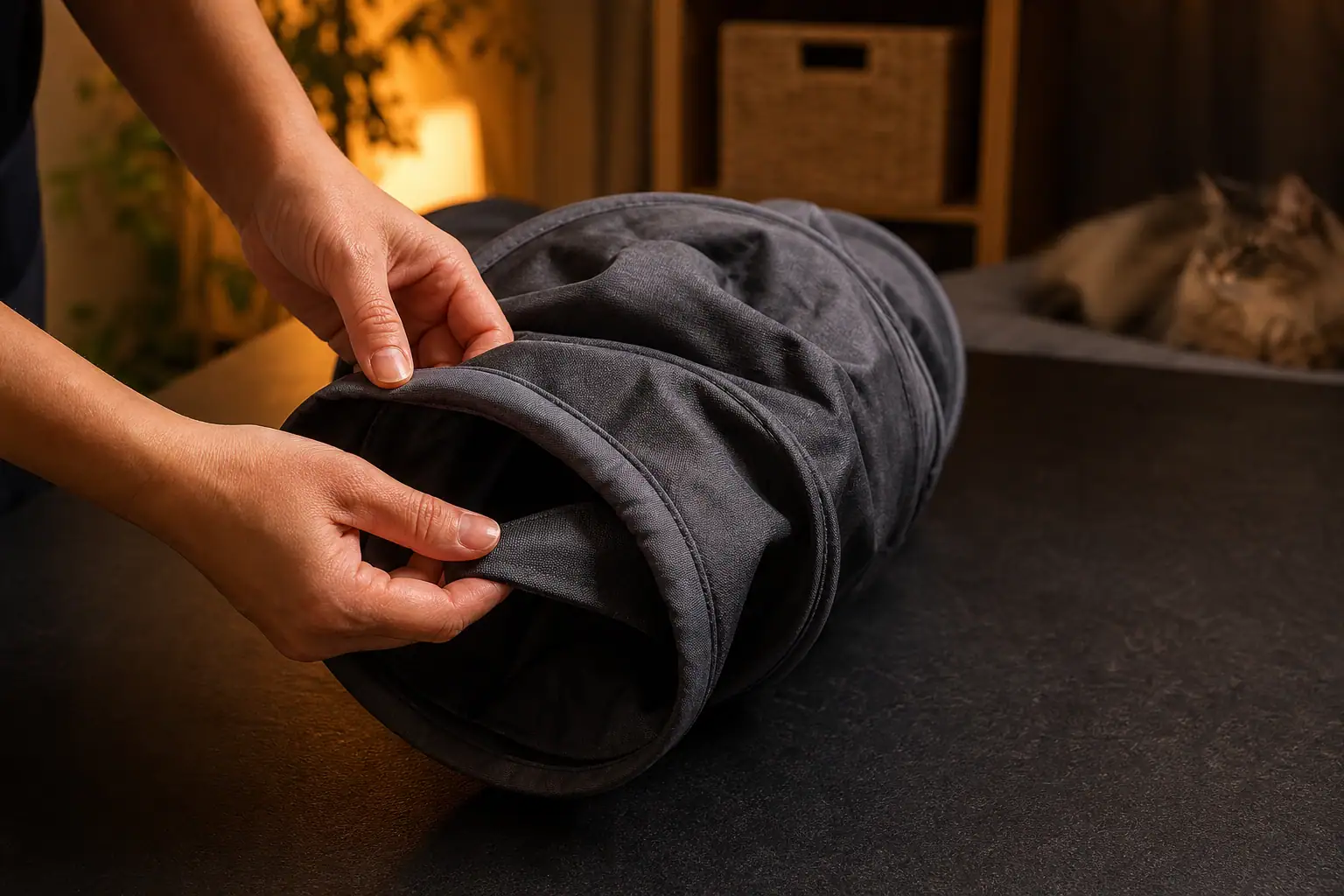 Hands checking the entrance seam and frame channel of a fabric cat tunnel after play