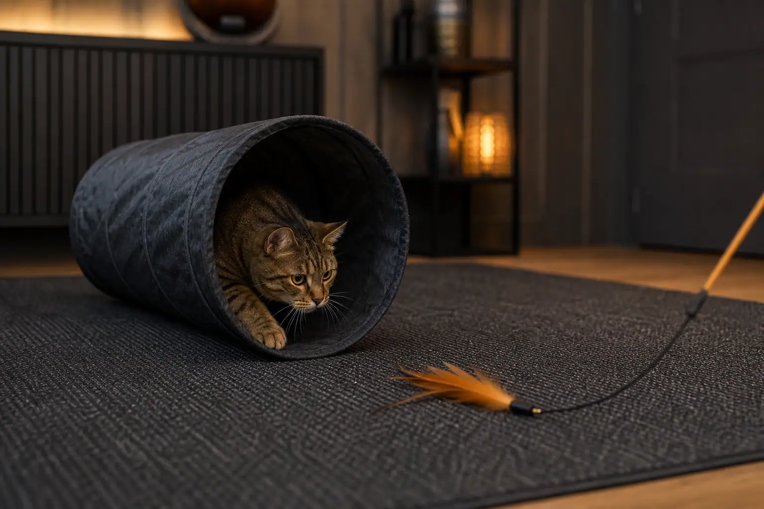 Cat stalking through a stable tunnel toward a wand lure moving beyond the exit