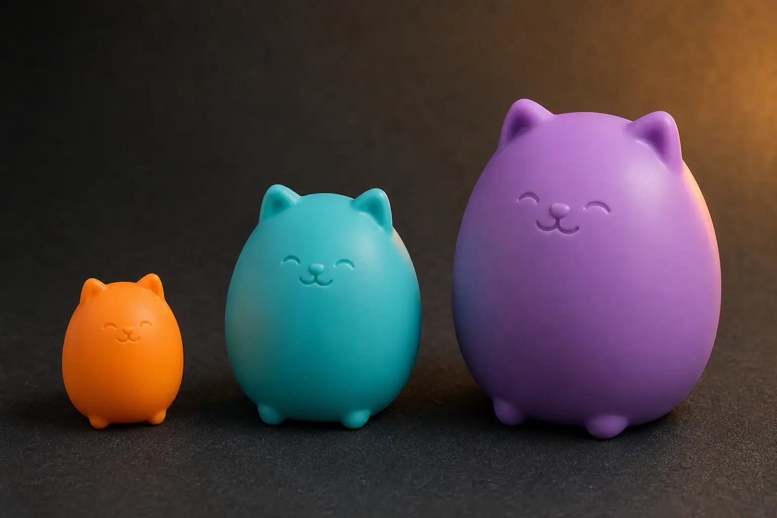 Three sizes of generic cat-shaped sensory squish toys arranged from mini to large