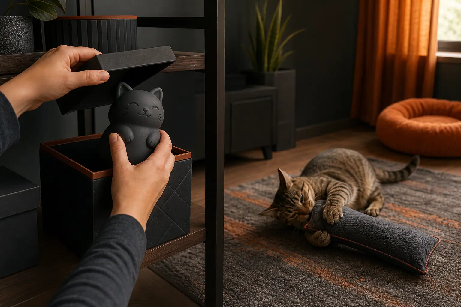 Cat-shaped sensory toy stored in a closed box while a cat plays with a rugged fabric kicker