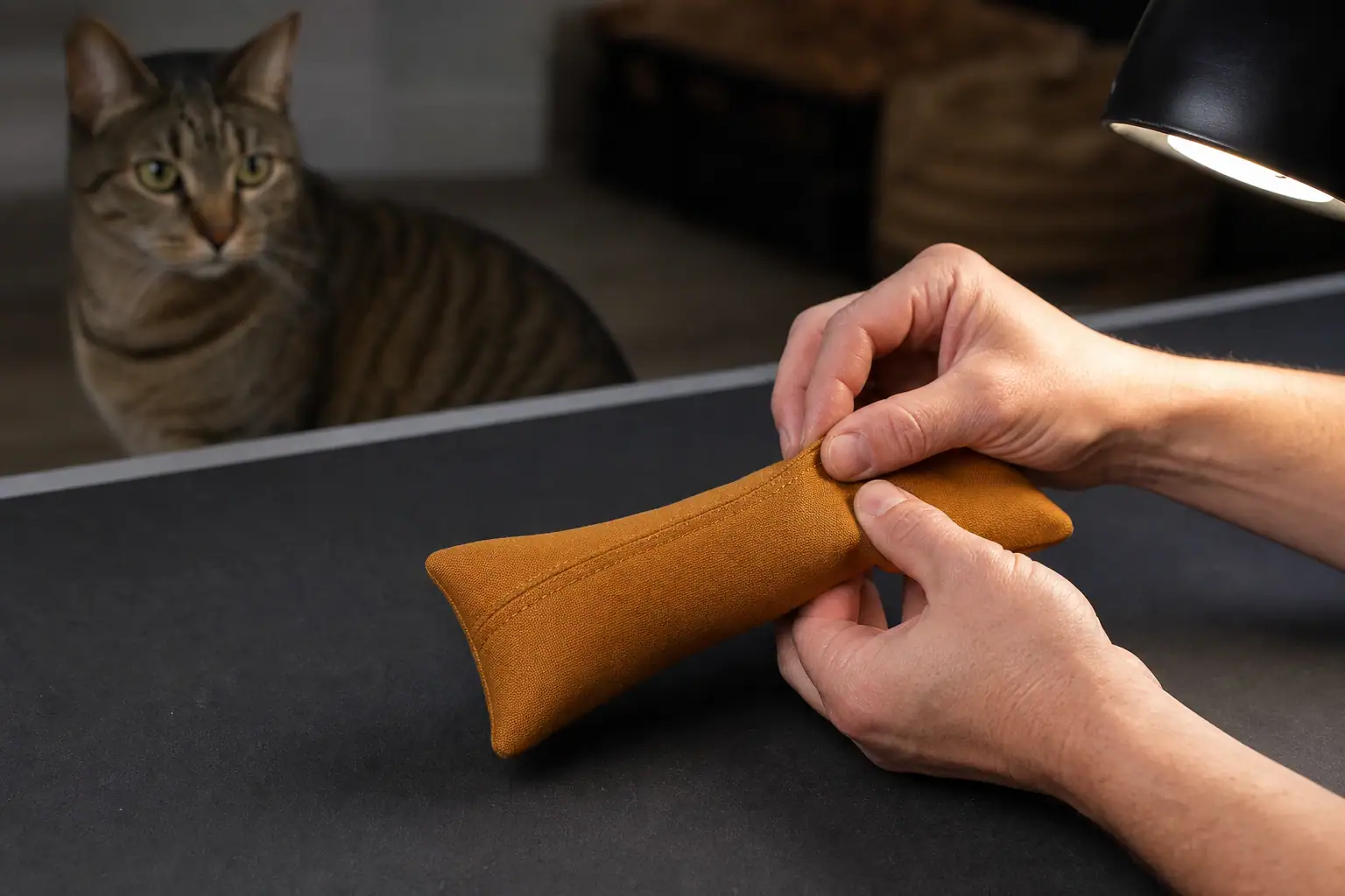 Hands bending and checking every seam of a homemade canvas cat kicker toy