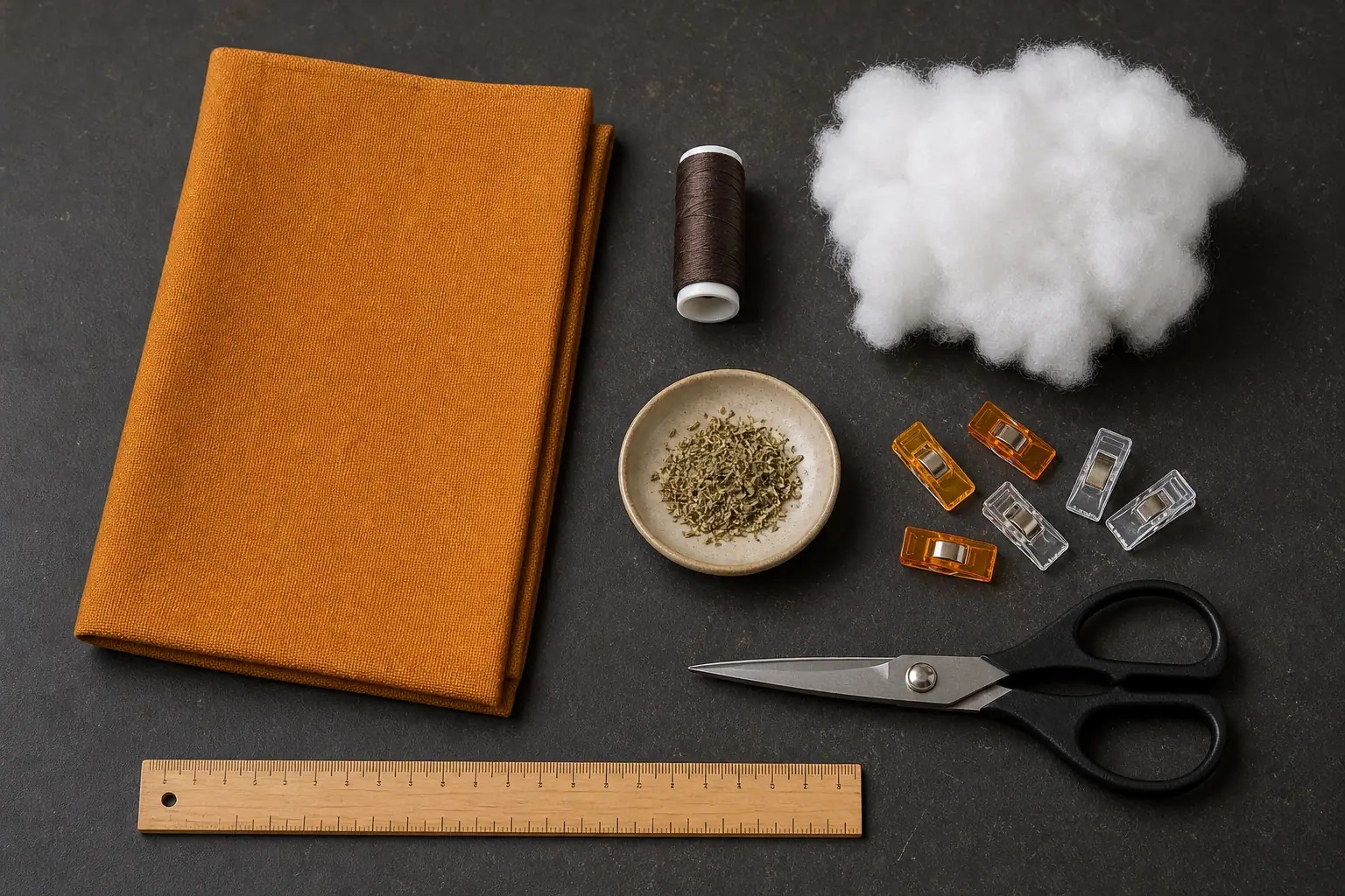 Canvas, polyester thread, fiberfill, ruler, scissors, and catnip for a DIY kicker toy