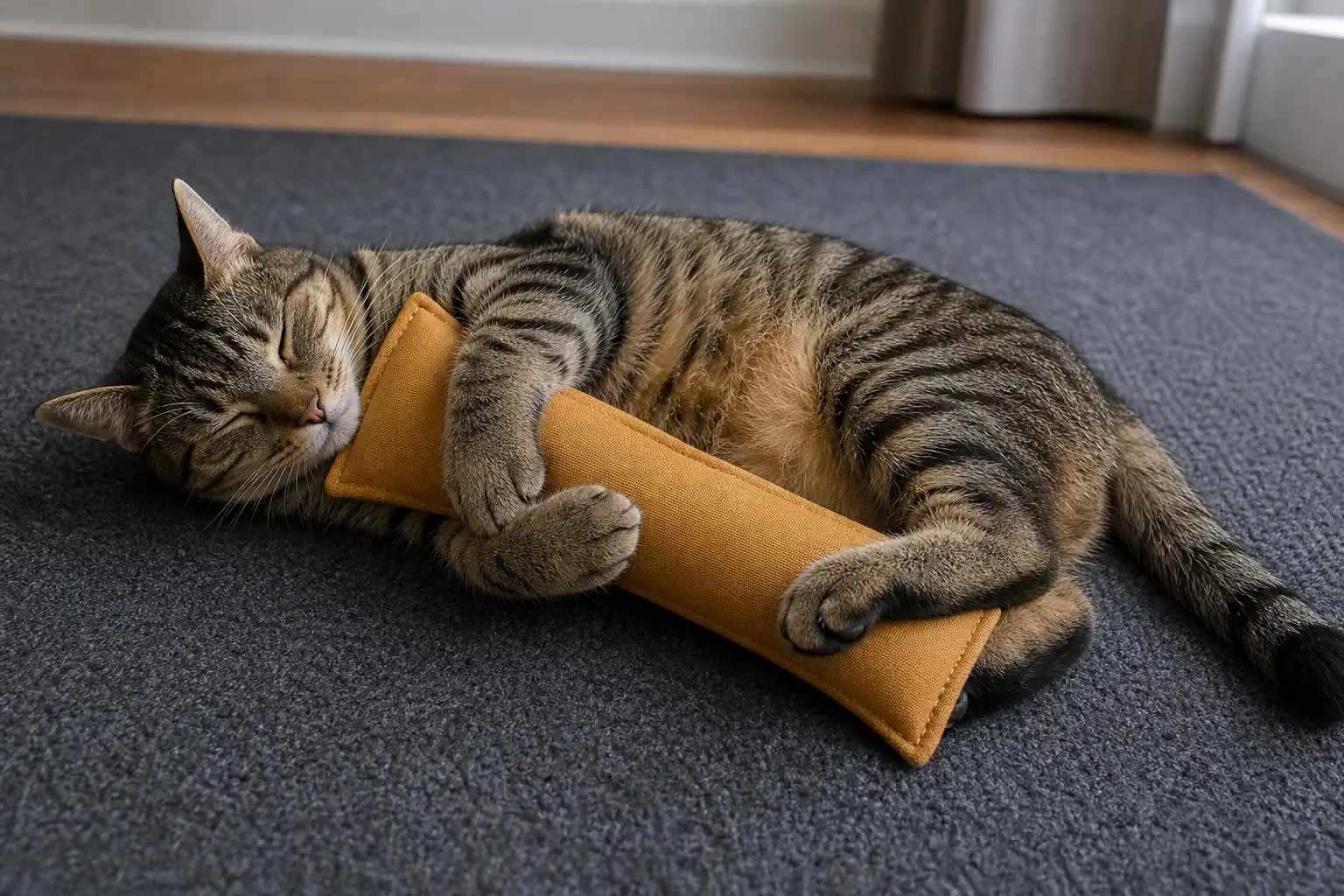Cat holding a homemade kicker toy that reaches from chest toward the back legs
