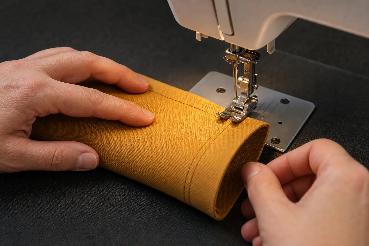 Two parallel rows of stitching reinforcing a canvas cat kicker toy seam