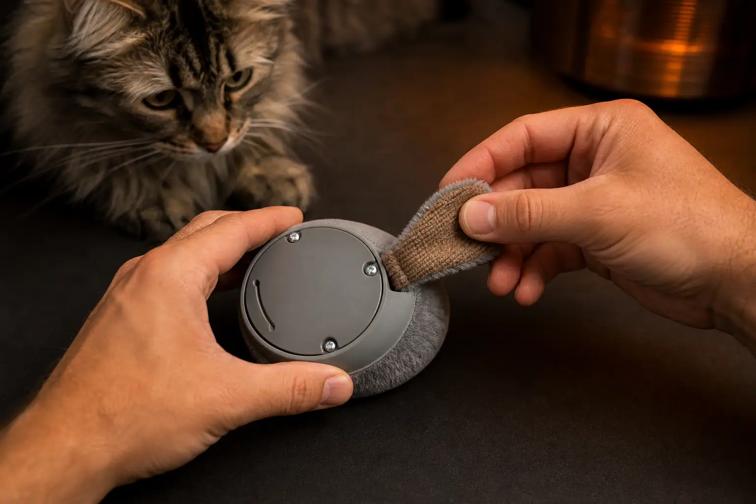 Hands checking an electronic cat toy battery door, casing, and fabric attachment