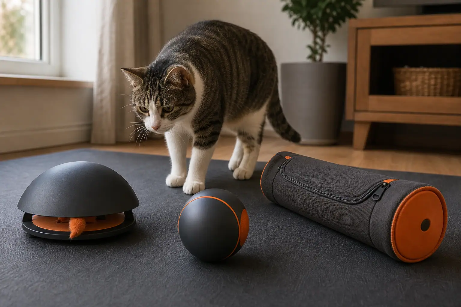 Cat comparing covered motion, rolling ball, and rechargeable kicker toys