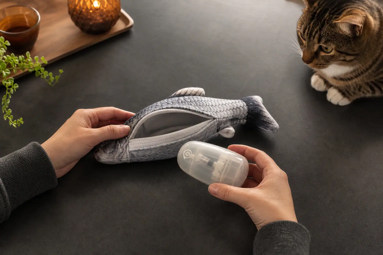Removable motion module beside an intact plush fish cat toy during a safety check
