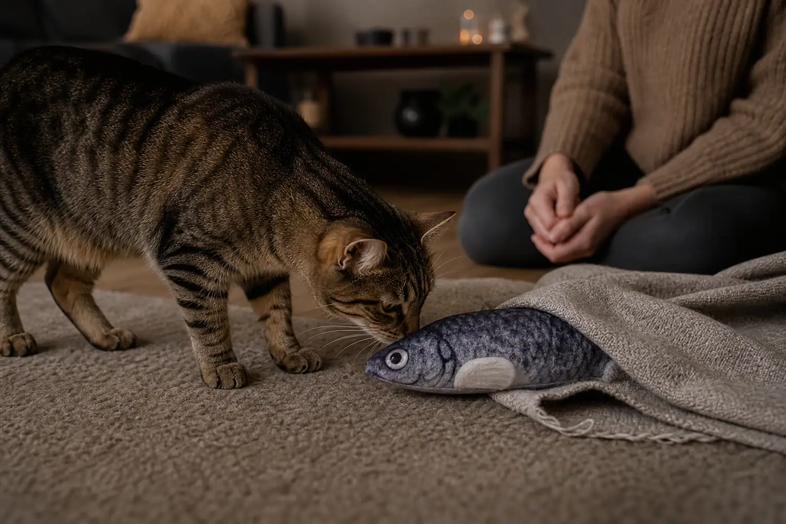 Cautious cat investigating a switched-off plush fish toy partly hidden by a blanket
