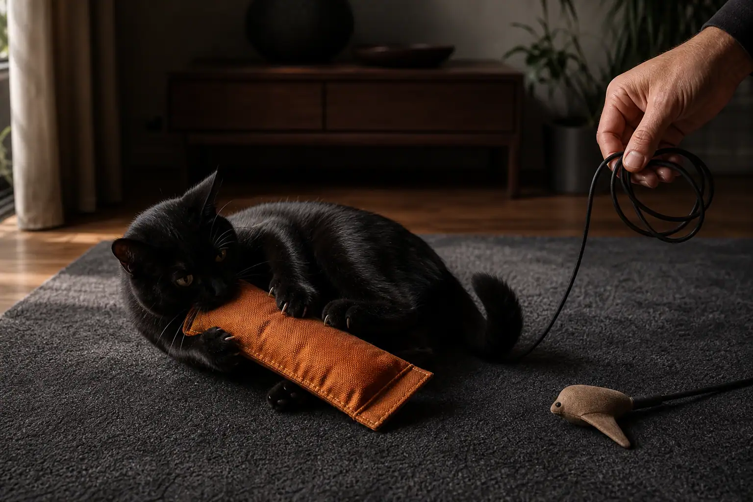 Cat gripping a durable fabric kicker after catching a flying wand lure