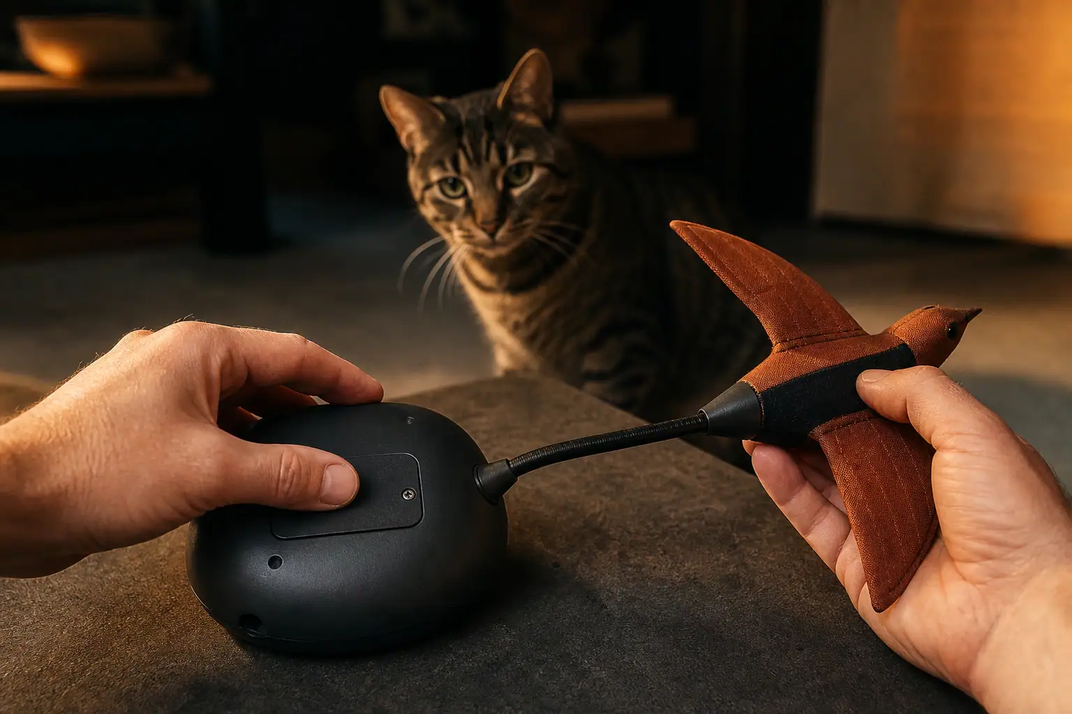Owner checking a flying cat toy battery cover, tether, seams, and moving arm before play