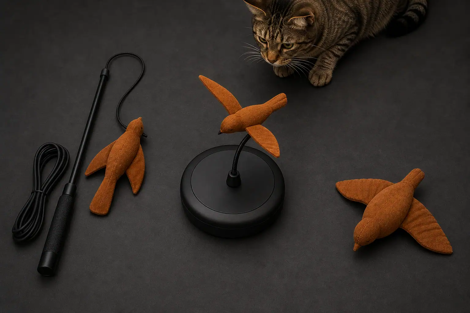 Wand lure, tethered motorized bird, and flapping plush bird shown as three flying cat toy types