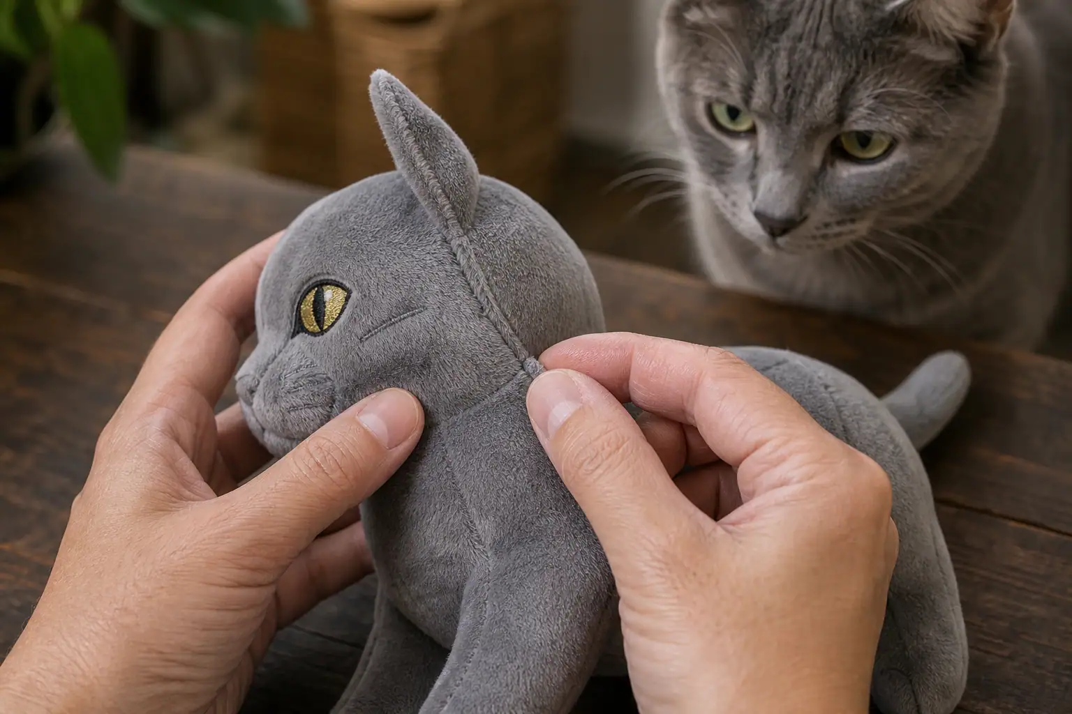 Hands inspecting the seam and embroidered eye of a grey cat plush toy