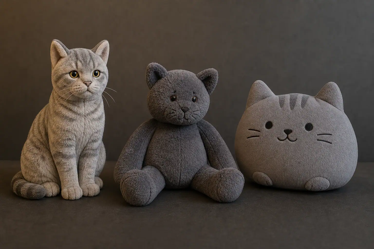 Three grey cat plush styles: realistic, floppy, and rounded cartoon