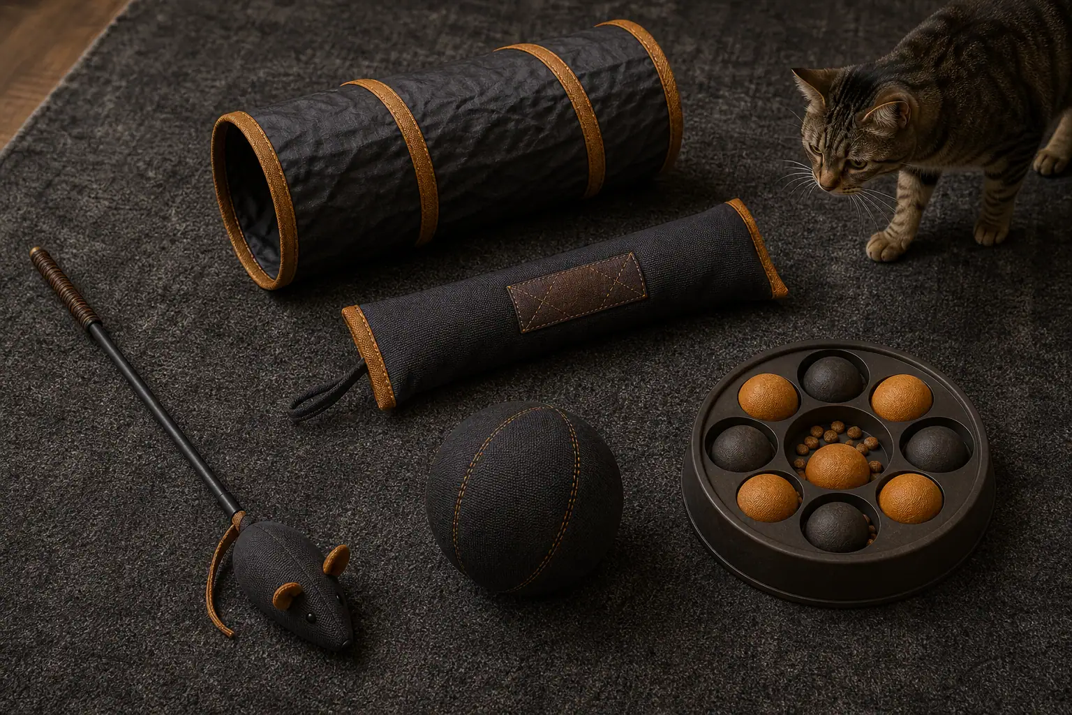 Wand lure, kicker, ball, tunnel, and puzzle feeder arranged for different cat play styles