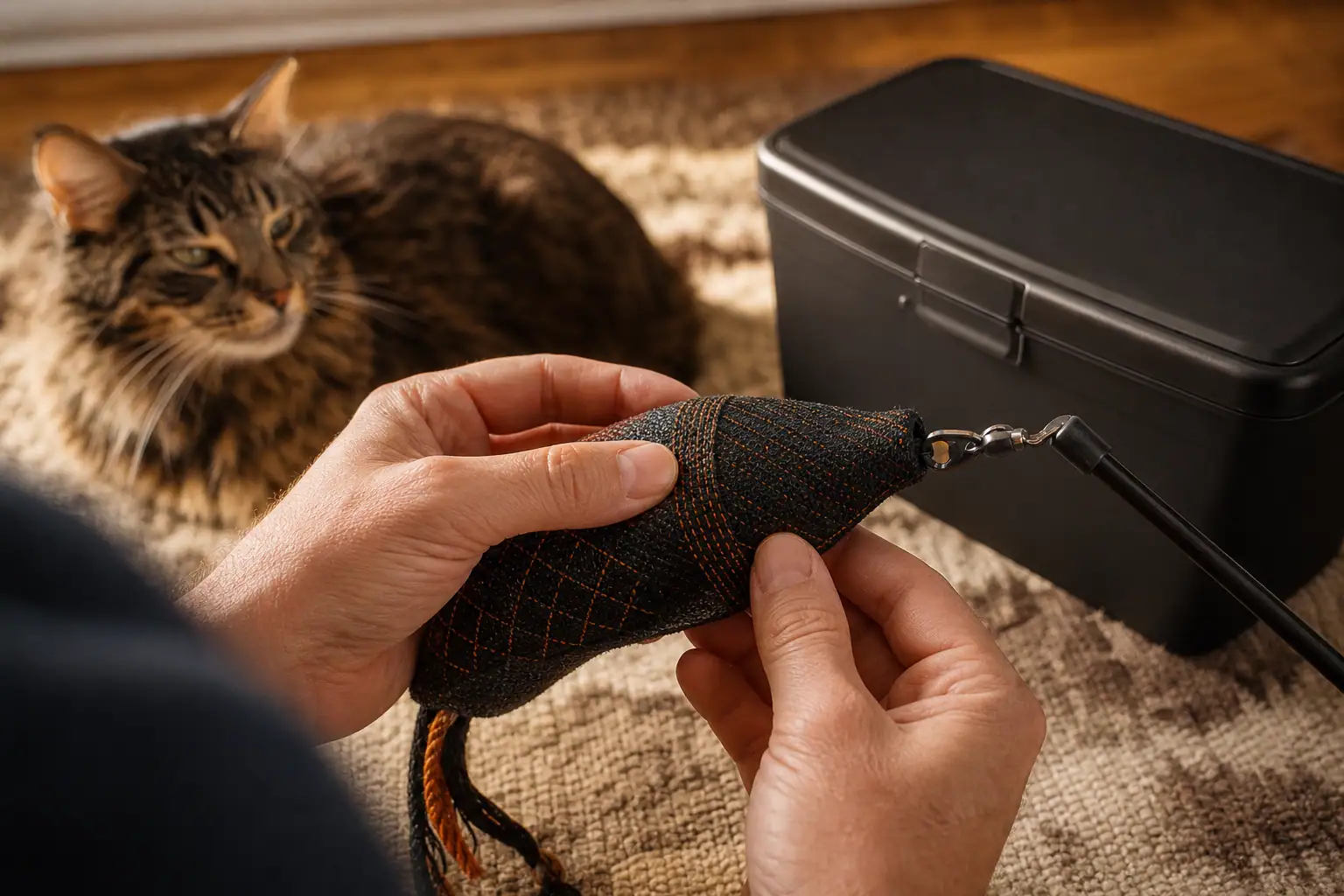 Owner inspecting a cat toy seam and wand connection after rough play