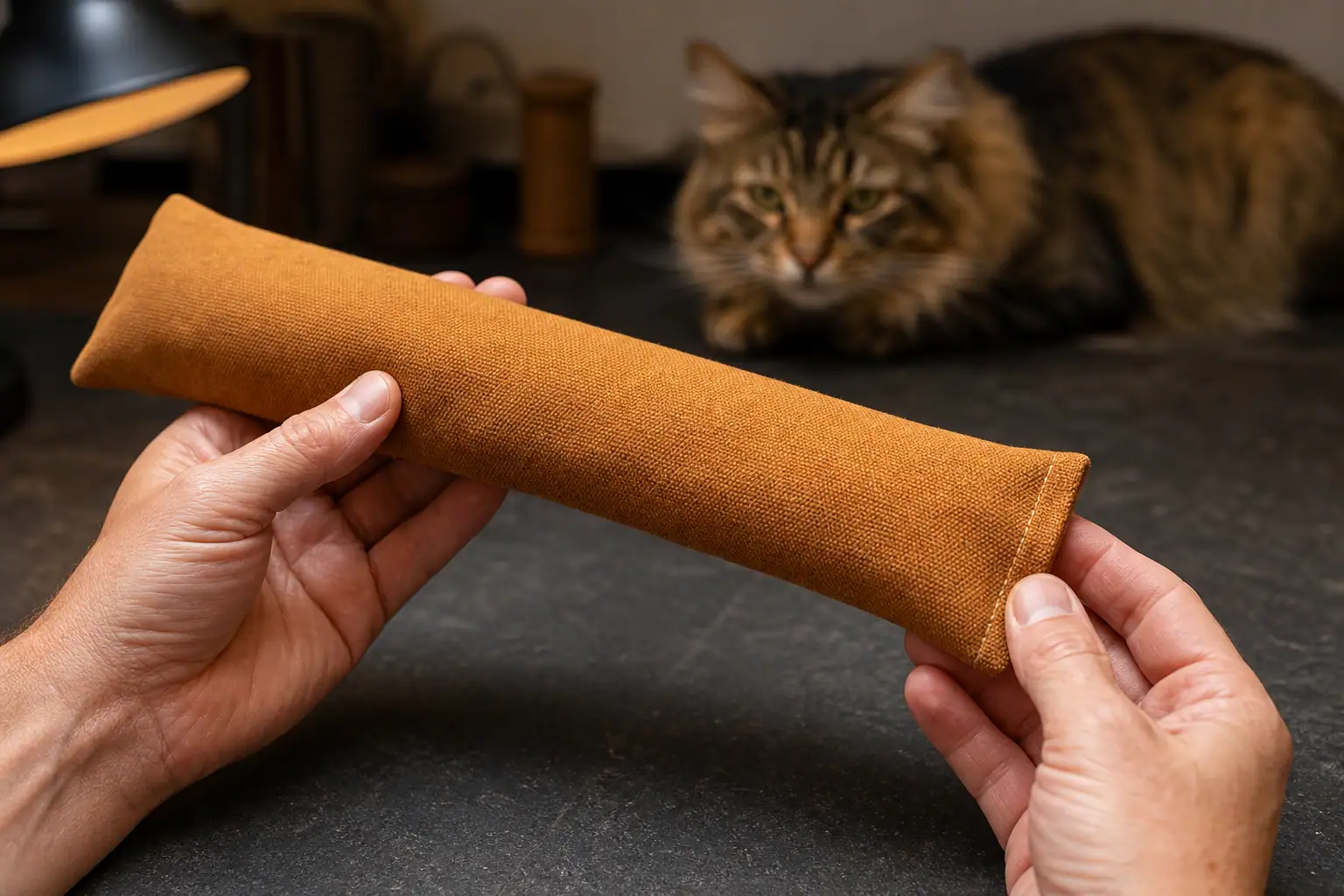 Close view of tightly woven fabric and reinforced seams on a large cat kicker toy