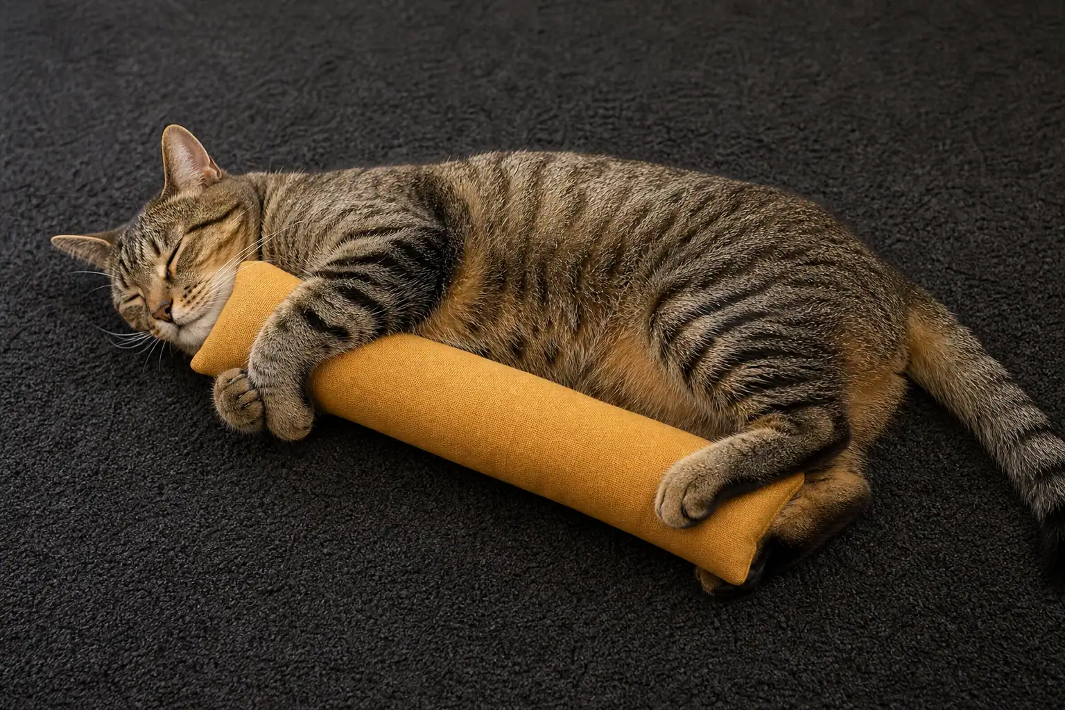 Cat demonstrating front-paw grip and back-foot contact on a long kicker toy