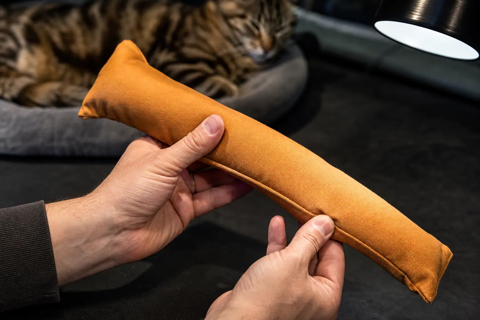 Hands flexing and inspecting the seams of a large fabric cat kicker toy