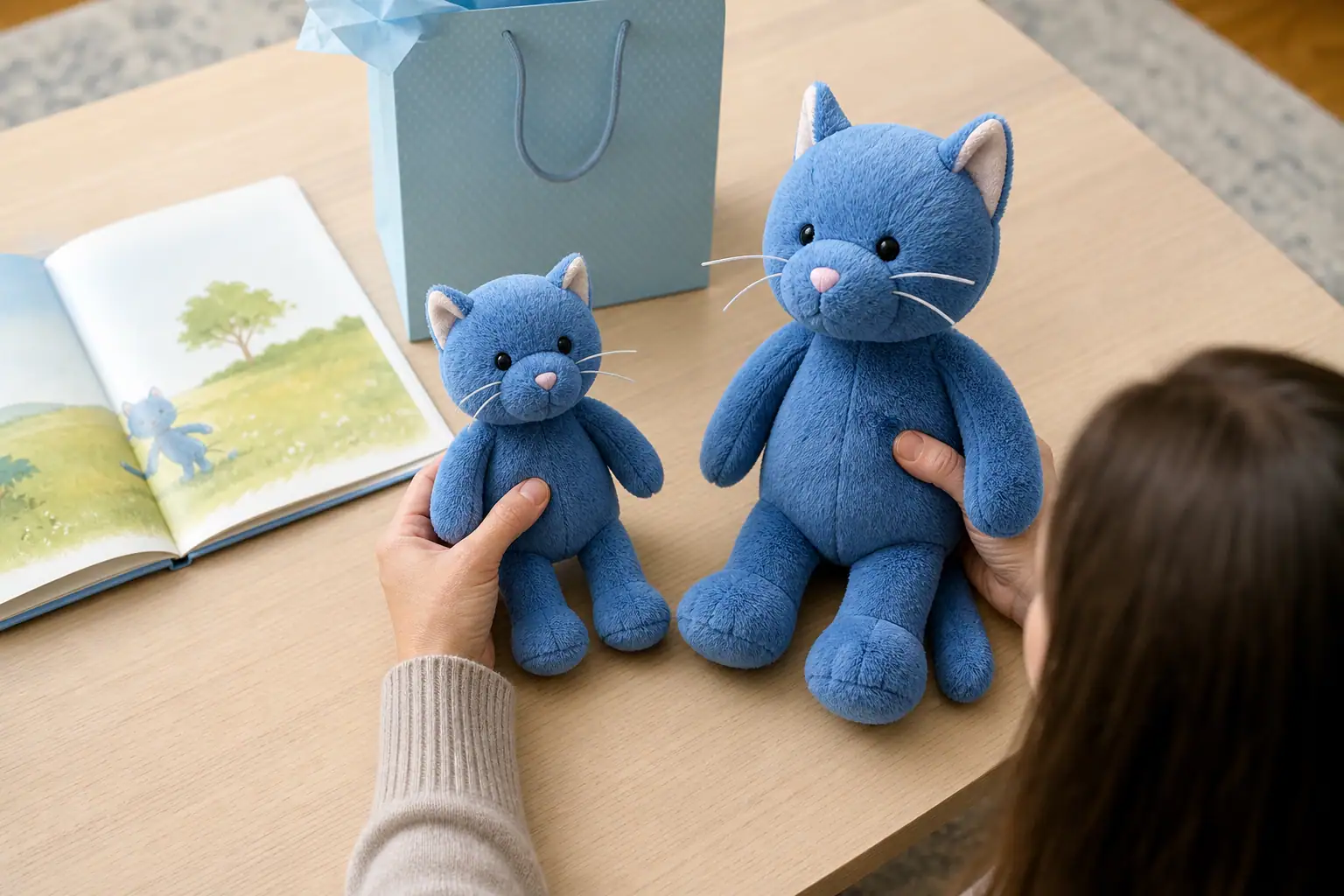 Adult comparing two sizes of generic blue cat plush toys beside a picture book