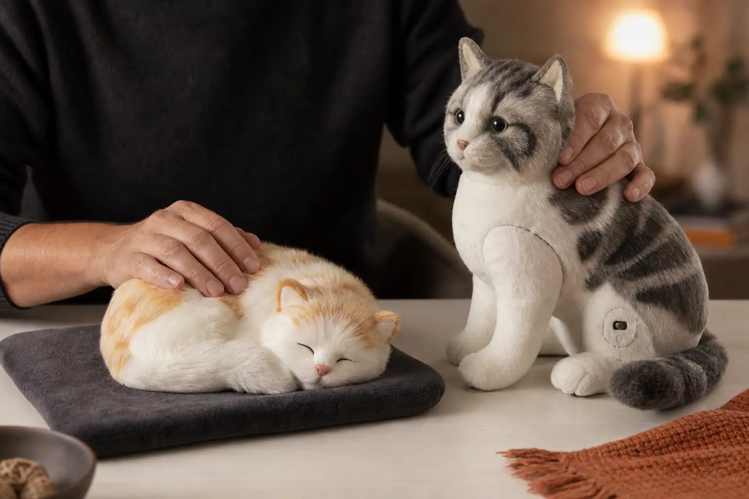 Hands comparing a static plush cat and an interactive robotic companion cat