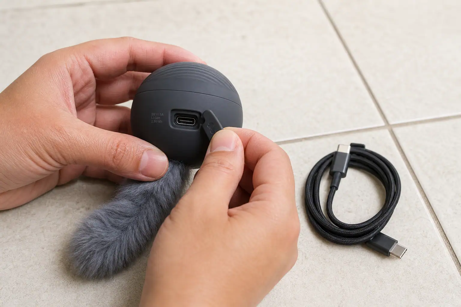 Hands checking the charging port and casing of an inactive cat toy