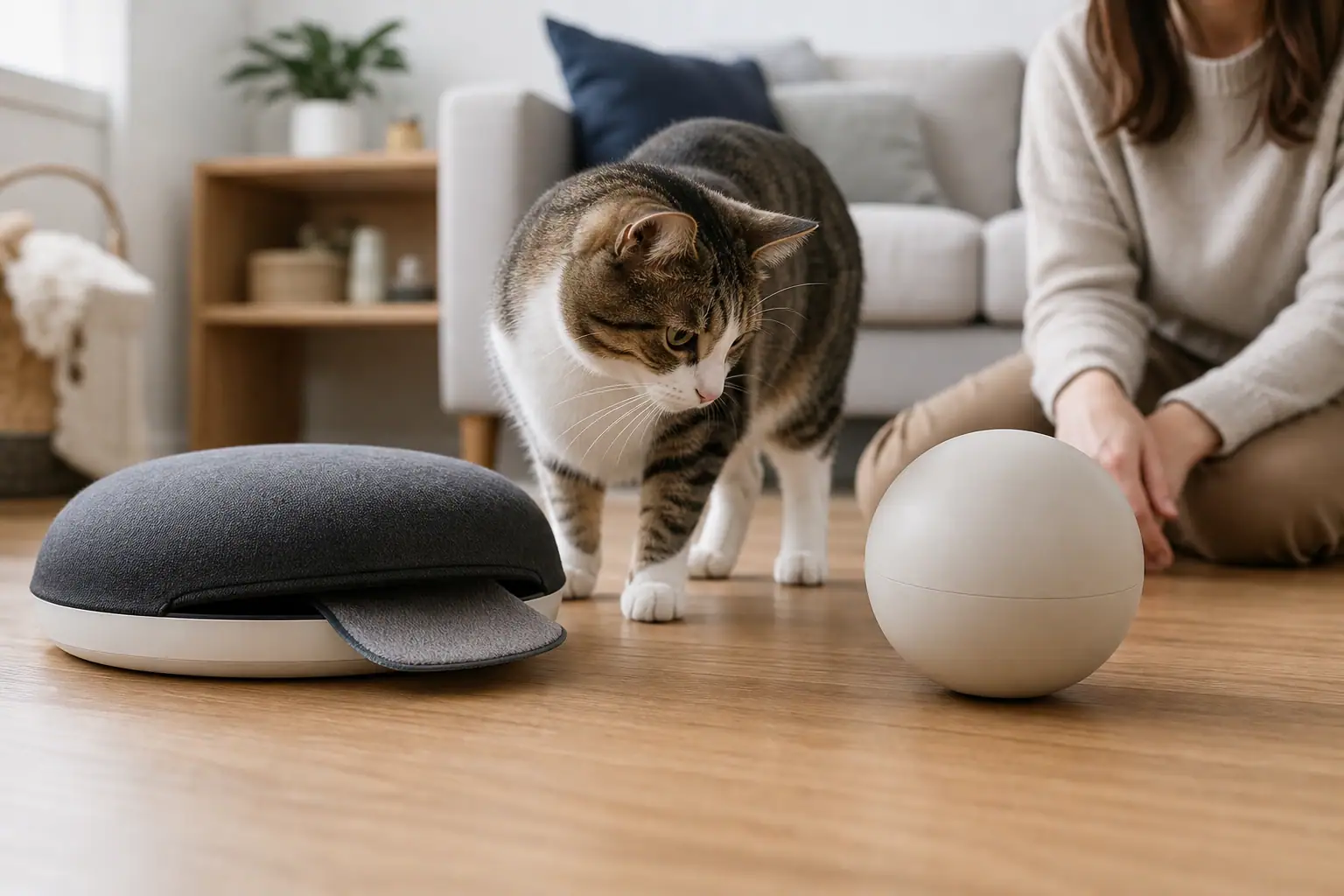 Cat watching a covered-motion toy beside a rechargeable rolling toy