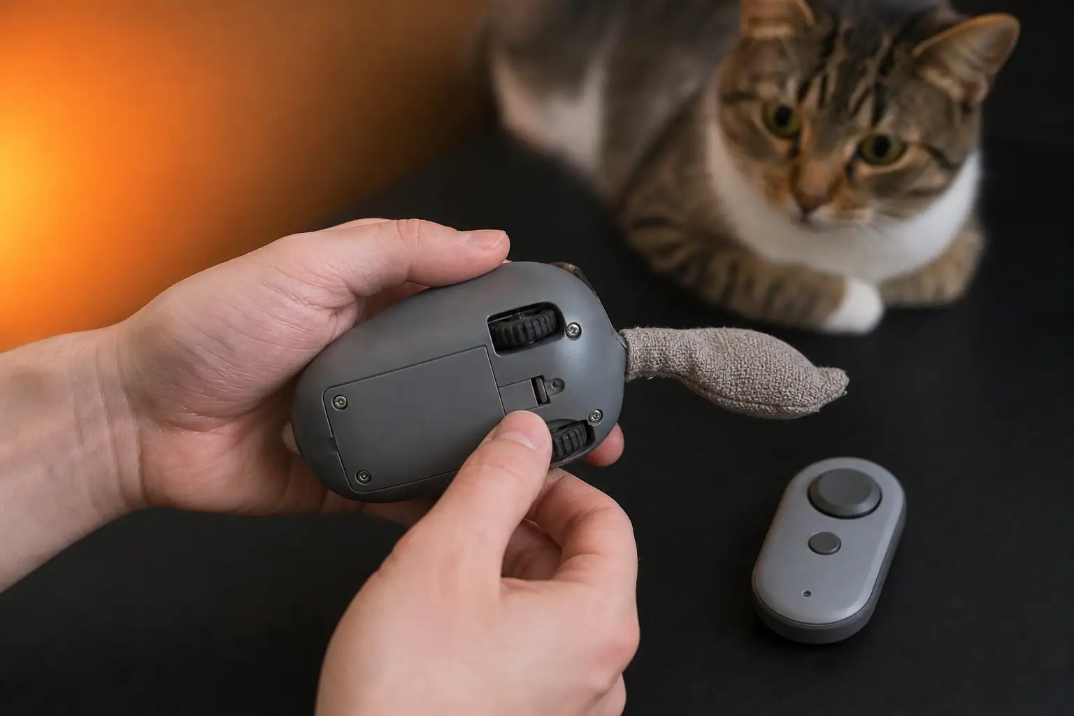 Hands inspecting the battery door, wheels, seams, and lure on a remote control cat toy