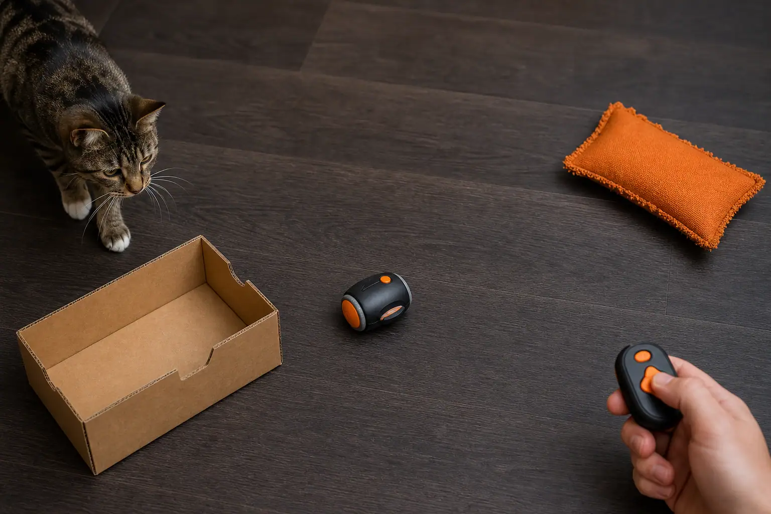 Cat chasing a remote control toy around a box and toward a fabric kicker