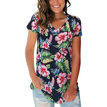 4. SAMPEEL Women's Basic V Neck Short Sleeve Floral T-Shirts Summer Casual Tops