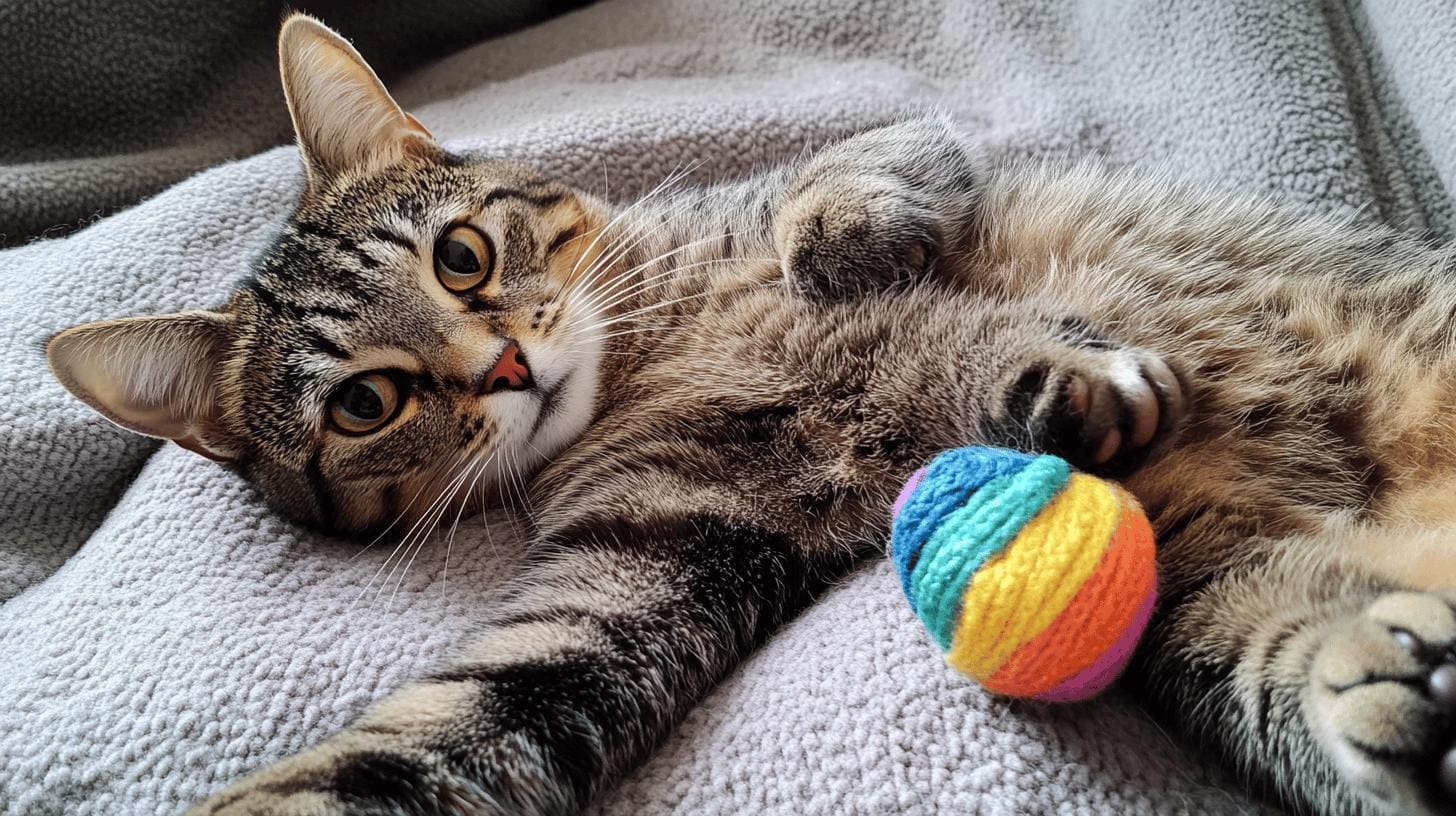 cat laying with colorful toy