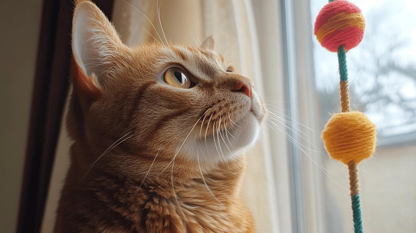 Focused cat studying a toy in a dark environment