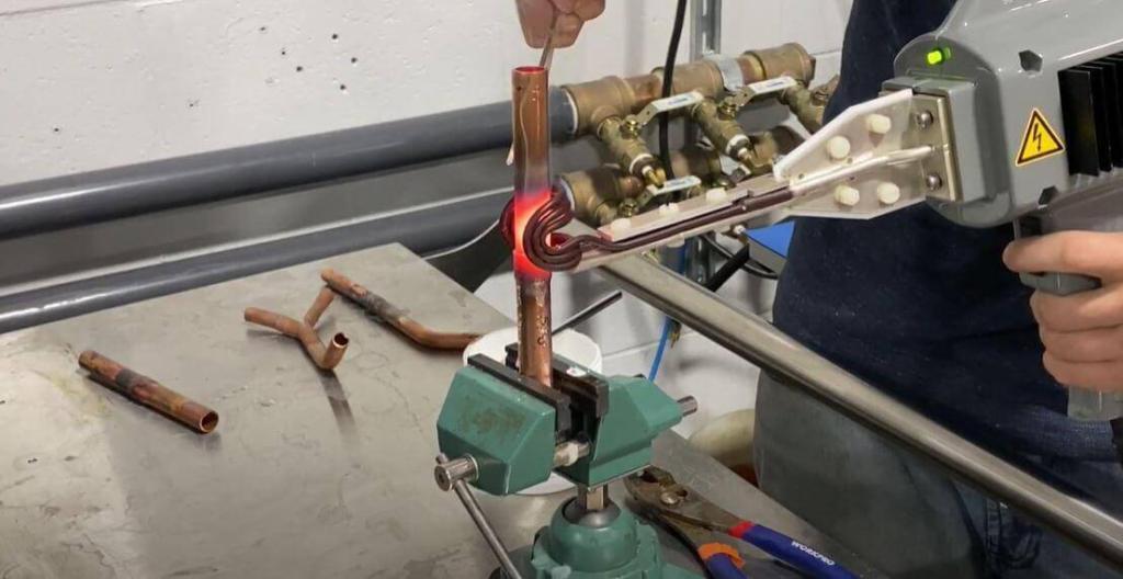 copper pipe induction brazing and alloy feeding induction brazing of copper pipe with a brazing gun