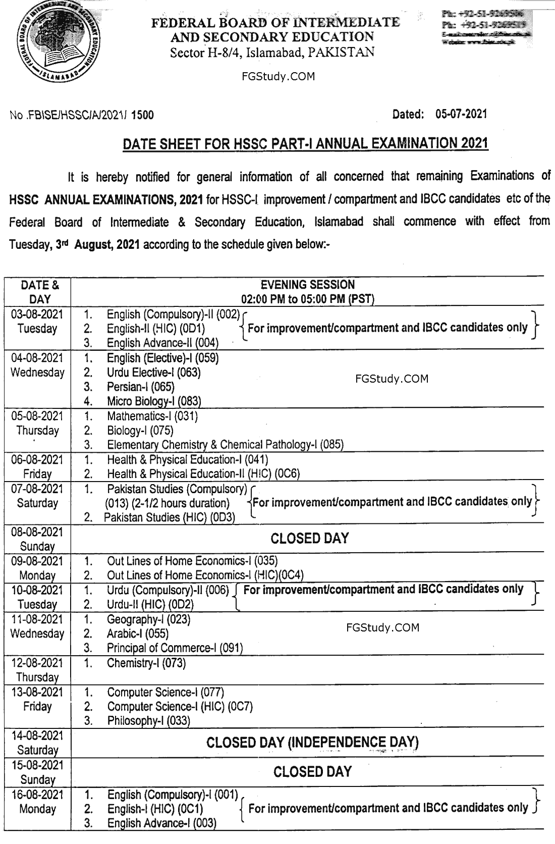 images of fbise date sheet 2021 hssc 1 page 1