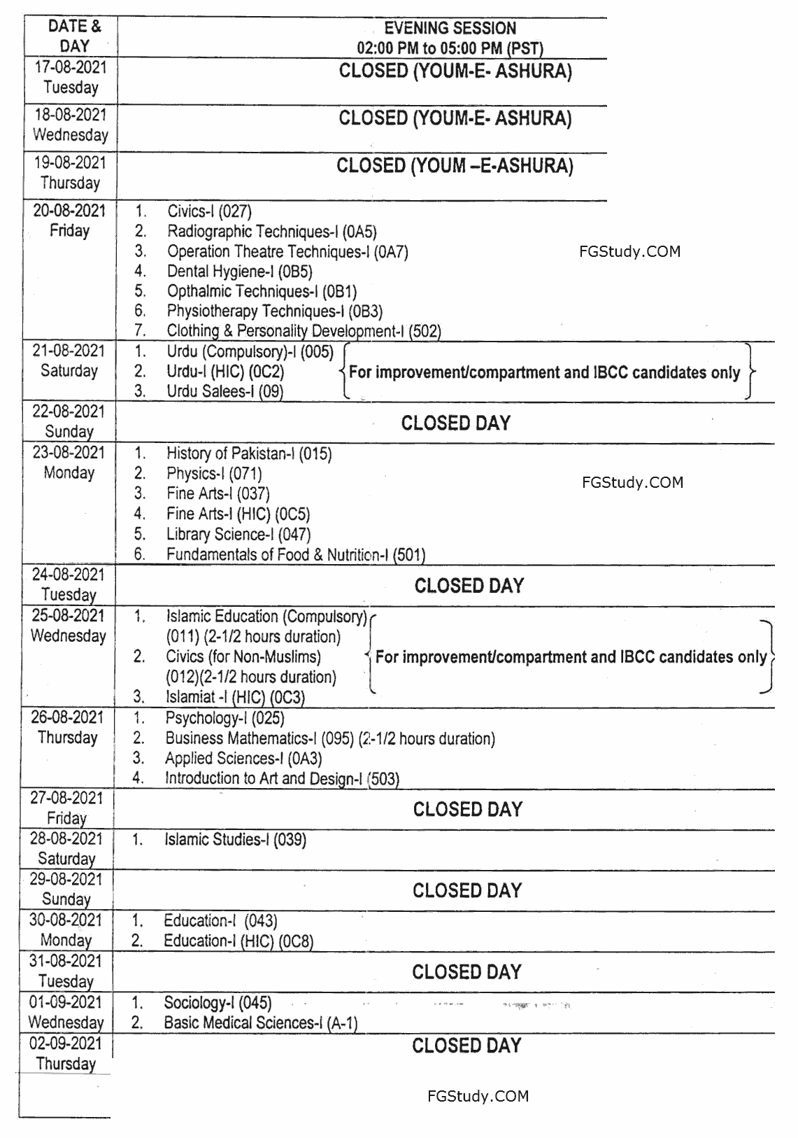 images of fbise date sheet 2021 hssc 1 page 2