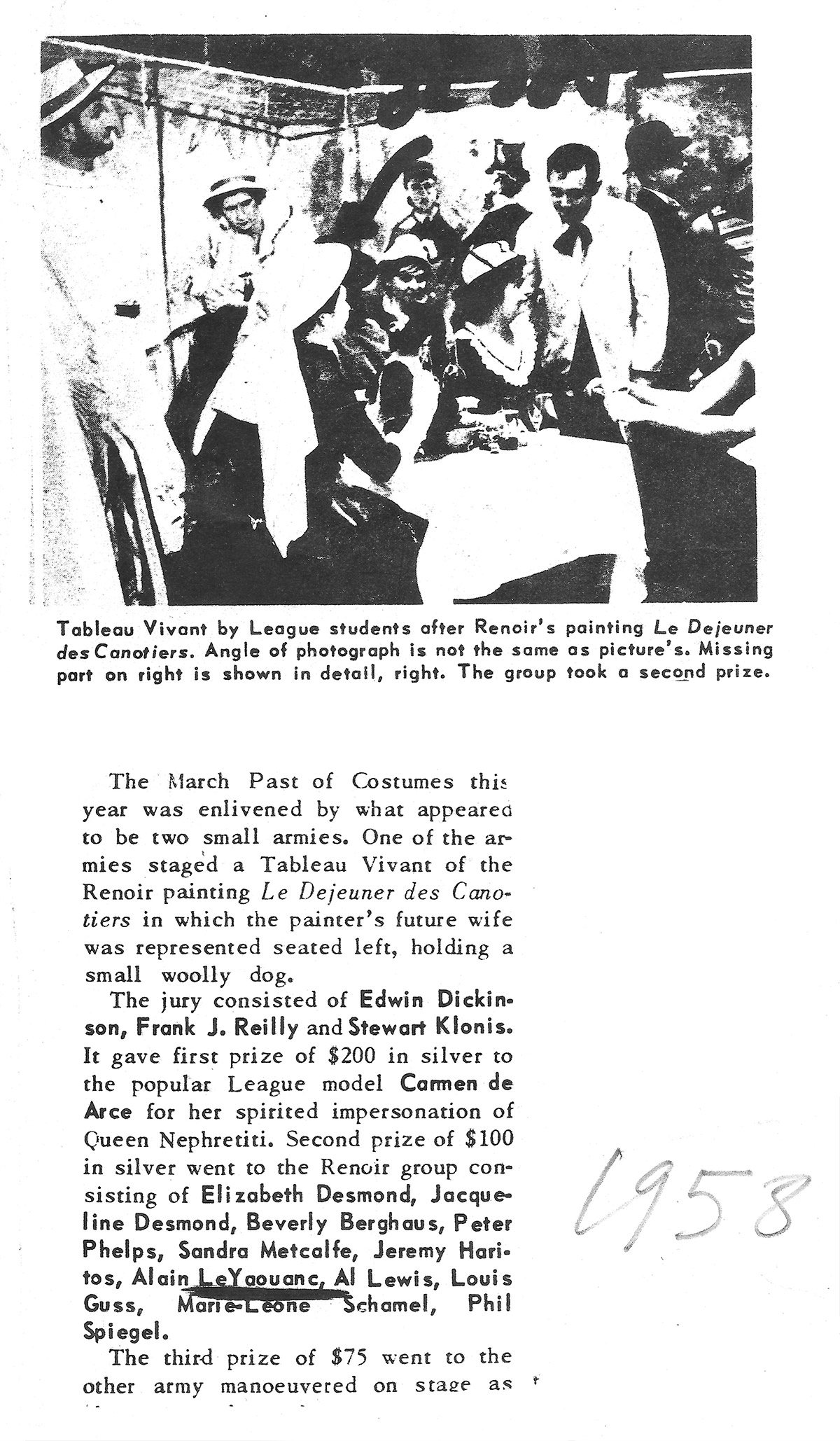 Second prix pour un tableau vivant du Dejeuner des canotiers de Renoir, 1958. Archives Le Yaouanc Second prix pour un tableau vivant du Dejeuner des canotiers de Renoir, 1958. Archives Le Yaouanc