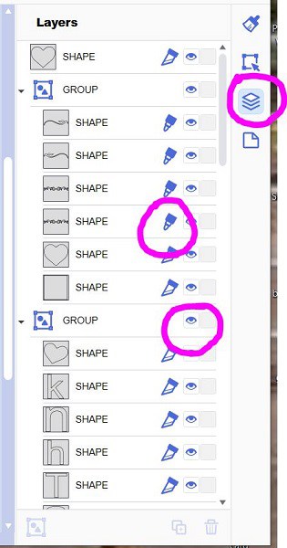 View of the Layers Panel with the Draw icon and Hide icon highlighted in Canvas Workspace